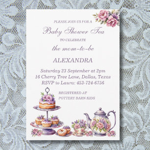 Pink Floral Lilac Whimsical Tea Baby Shower Invitation