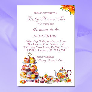 Pink Floral Lilac Whimsical Tea Baby Shower Invitation