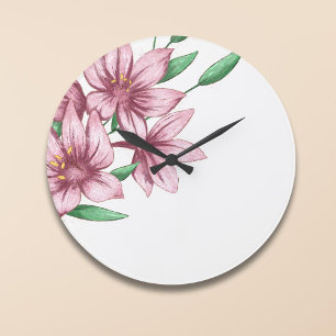 Pink Floral Lily Elegant Mum Office Decor Large Clock