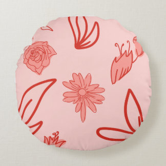 Pink Floral Line Art Pattern Round Cushion