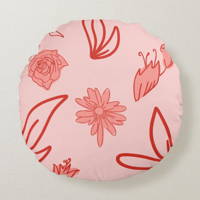 Pink Floral Line Art Pattern Round Cushion (Front)