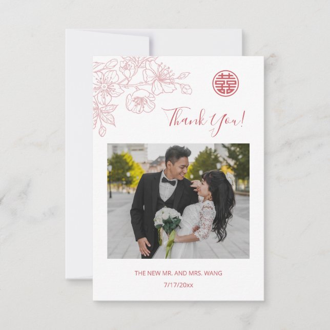 Pink Floral Line Art Photo Wedding Thank You (Front)