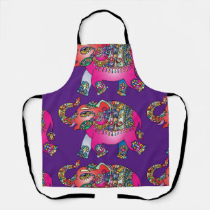 Pink Floral line drawing of elephant on purple Apron