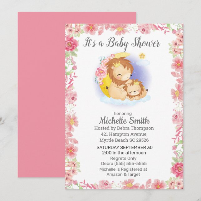 Pink Floral Lion Mum Baby Shower Invitation (Front/Back)