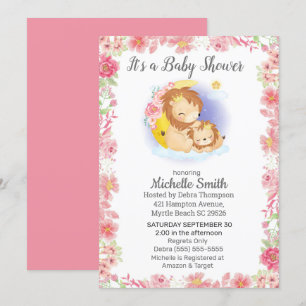Pink Floral Lion Mum Baby Shower Invitation