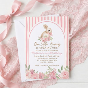 Pink Floral Little Bunny Turning One Birthday  Invitation