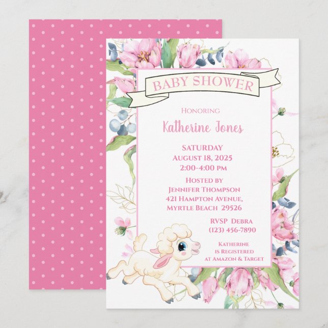 Pink Floral Little Lamb Baby Shower Invitation (Front/Back)