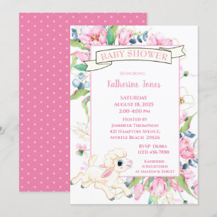 Pink Floral Little Lamb Baby Shower Invitation