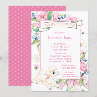 Pink Floral Little Lamb Baby Shower Invitation