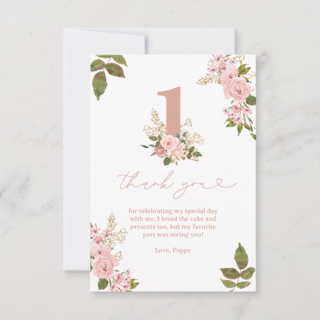 Pink Floral Little Miss 1st Birthday Thank You Card (Front)