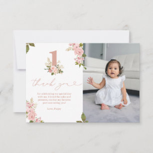 Pink Floral Little Miss 1st Birthday Thank You Card