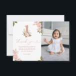Pink Floral Little Miss 1st Birthday Thank You Card<br><div class="desc">This elegant collection has girly pink delicate watercolor floral bouquets and gold glitter outlines. It says "little miss onederful" in a cute handwritten script that has a heart detail.</div>