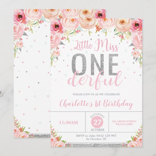 Pink Floral Little Miss Onederful 1st Birthday Invitation (Front/Back)