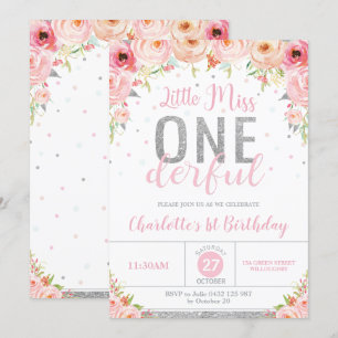 Pink Floral Little Miss Onederful 1st Birthday Invitation
