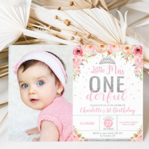Pink Floral Little Miss Onederful 1st Birthday Invitation