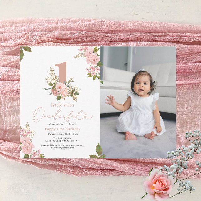 Pink Floral Little Miss Onederful 1st Birthday Invitation (Creator Uploaded)