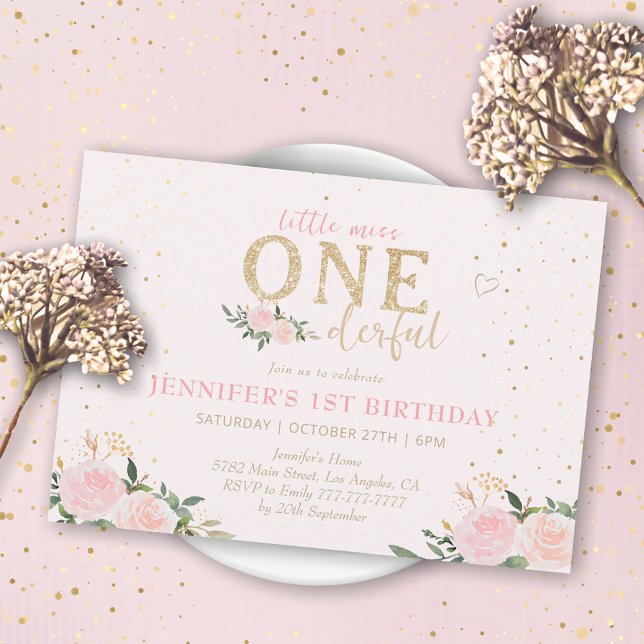 Pink Floral Little Miss Onederful 1st Birthday Invitation (Creator Uploaded)