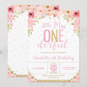 Pink Floral Little Miss Onederful 1st Birthday Invitation