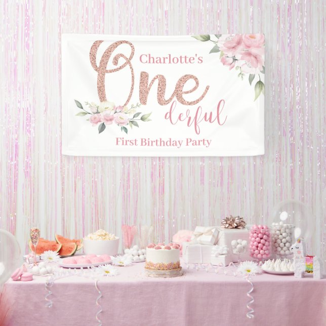 Pink Floral Little Miss Onederful Birthday Banner (Party)