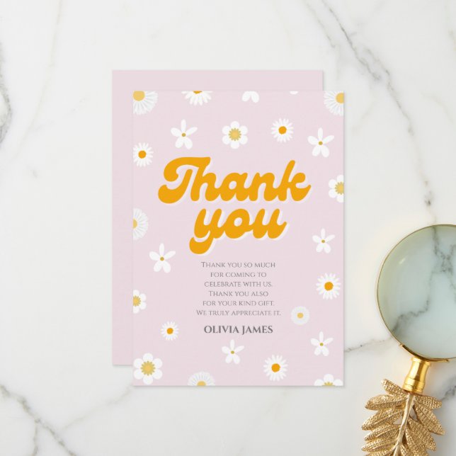 Pink floral little miss onederful first birthday thank you card (Front/Back In Situ)