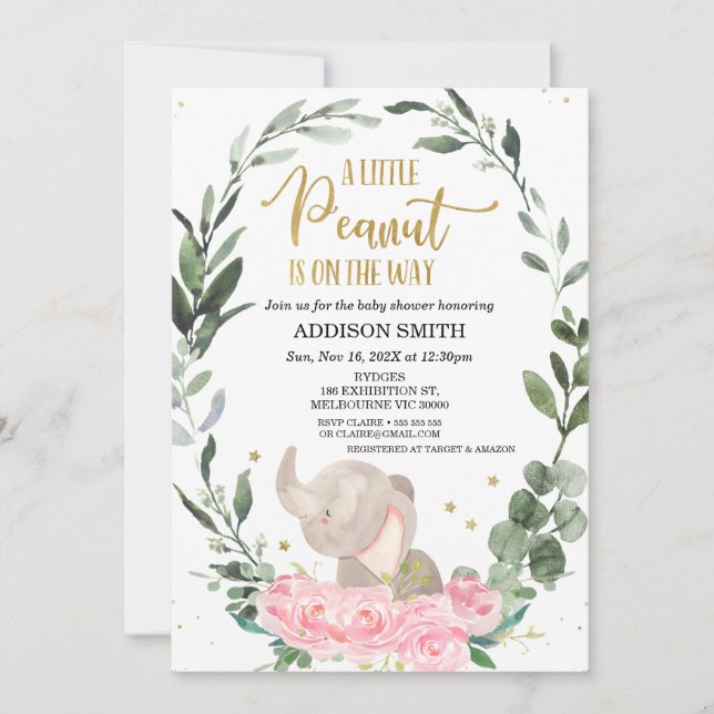 Pink Floral Little Peanut Elephant Baby Shower Invitation (Front)