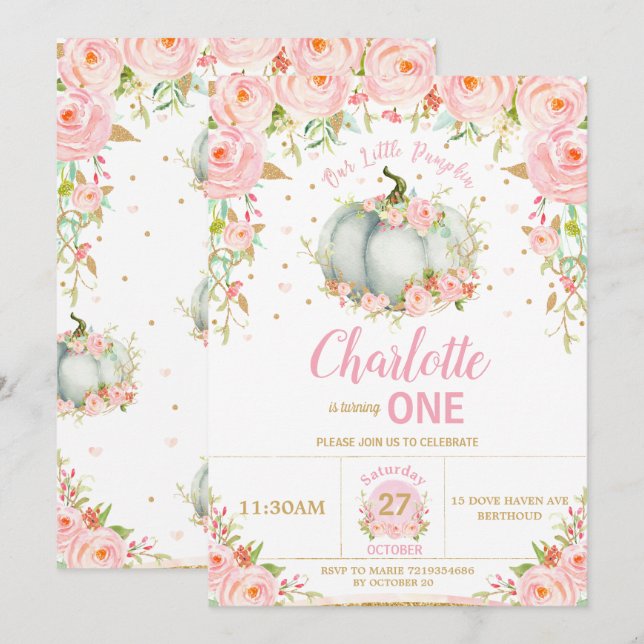 Pink Floral Little Pumpkin1st First Birthday Invitation (Front/Back)