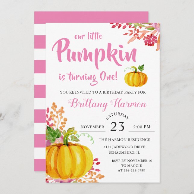 Pink Floral Little Pumpkin 1st Birthday Invitation (Front/Back)