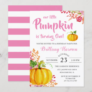 Pink Floral Little Pumpkin 1st Birthday Invitation