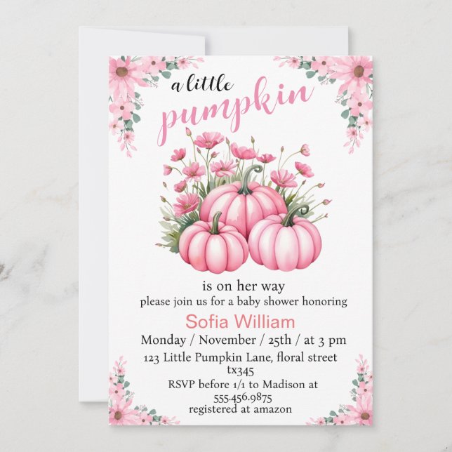 pink floral little pumpkin baby girl shower  invitation (Front)