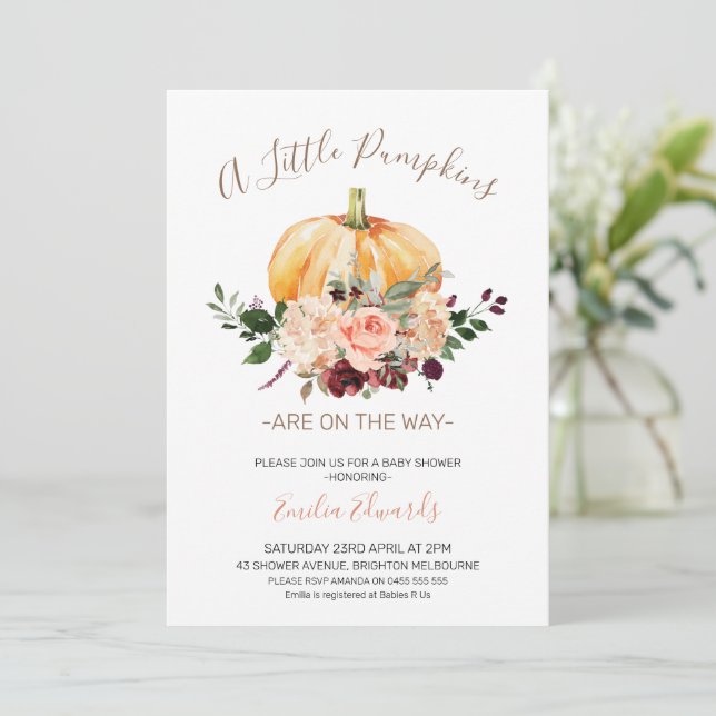 Pink Floral Little Pumpkin Baby Shower Invitation (Standing Front)