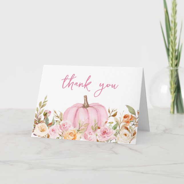 Pink Floral Little Pumpkin Baby Shower  Thank You Card (Front)