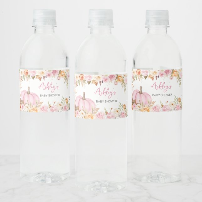 Pink Floral Little Pumpkin Baby Shower Water Bottle Label (Bottles)