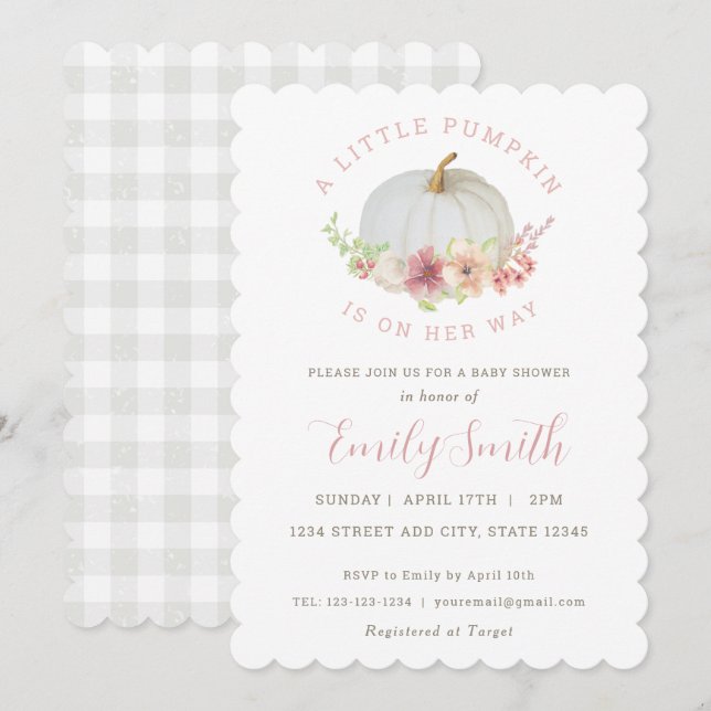 Pink Floral Little Pumpkin Fall Baby Girl Shower Invitation (Front/Back)