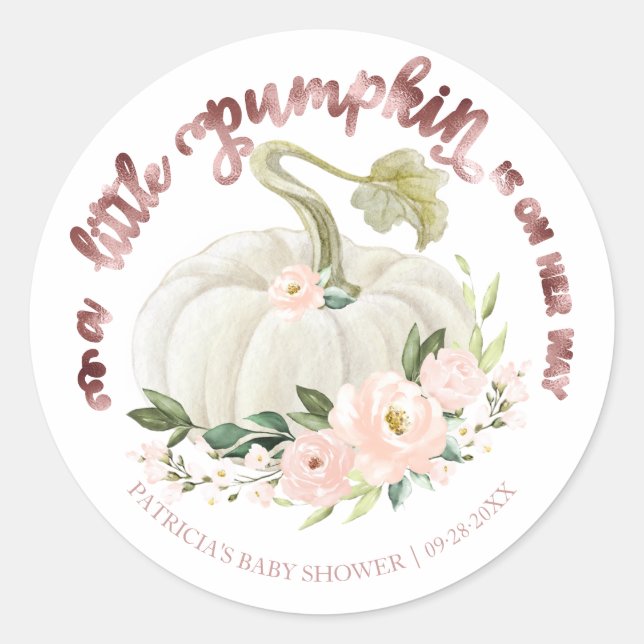 Pink Floral Little Pumpkin Fall Baby Shower Classic Round Sticker (Front)