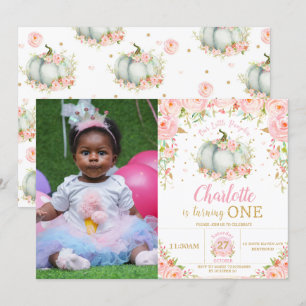 Pink Floral Little Pumpkin Girl 1st Birthday Photo Invitation