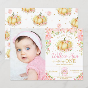 Pink Floral Little Pumpkin Girl 1st Birthday Photo Invitation