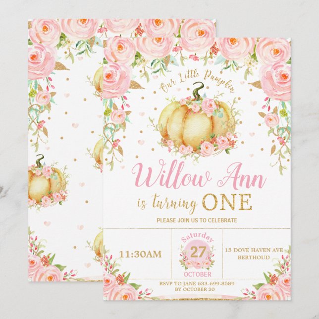 Pink Floral Little Pumpkin Girl 1st First Birthday Invitation (Front/Back)