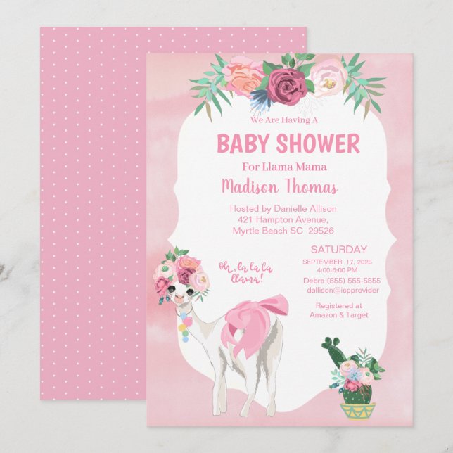 Pink Floral Llama Mama Alpaca  Girls Baby Shower Invitation (Front/Back)