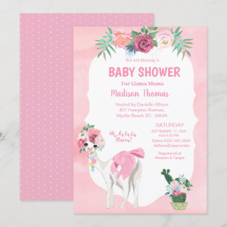 Pink Floral Llama Mama Alpaca Girls Baby Shower Invitation
