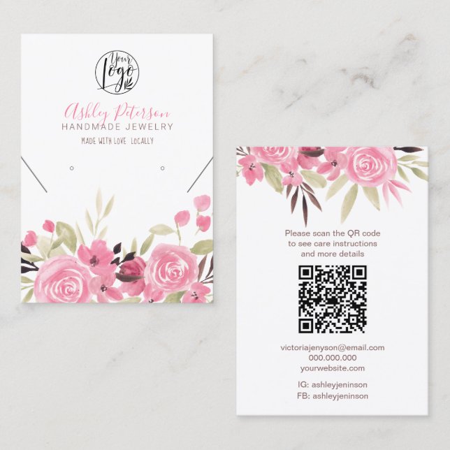 Pink floral logo jewellery earring necklace Qr cod Business Card (Front/Back)