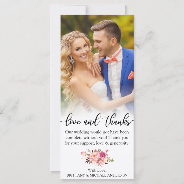 Pink Floral Love and Thanks Wedding Photo Card (Front)