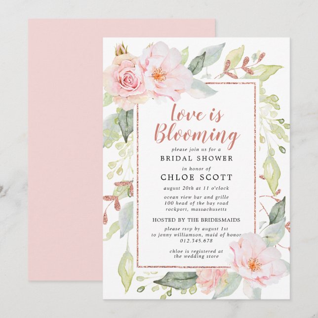Pink Floral Love is Blooming Bridal Shower Invitation (Front/Back)
