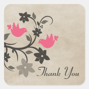 Pink Floral Lovebirds Thank You Stickers