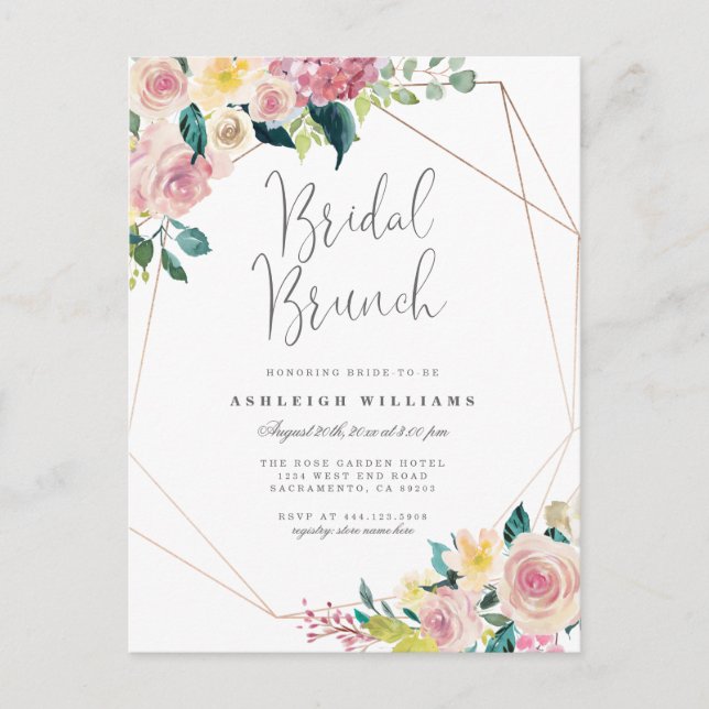 Pink Floral Lush Greenery Geometric Bridal Brunch Invitation Postcard (Front)