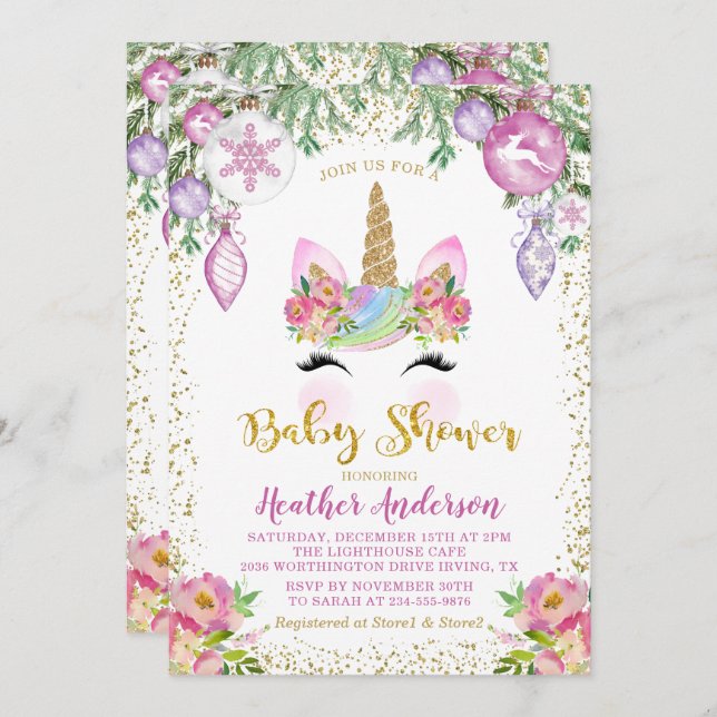 Pink Floral Magical Christmas Unicorn Baby Shower Invitation (Front/Back)