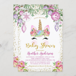 Pink Floral Magical Christmas Unicorn Baby Shower Invitation