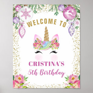 Pink Floral Magical Christmas Unicorn Welcome Poster