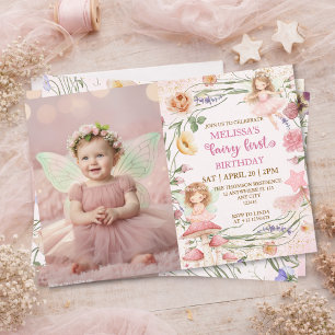 Pink Floral Magical Fairy First Birthday Photo Invitation
