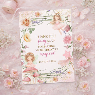 Pink Floral Magical Fairy Garden Girl Birthday    Thank You Card