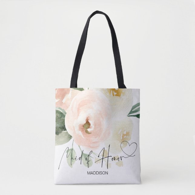 Pink Floral Maid of Honour Bridal Party Gift Tote Bag (Front)